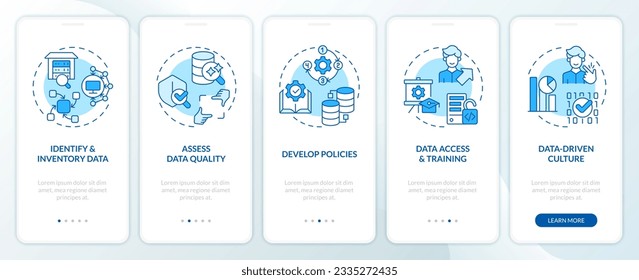 2D blue linear icons representing data democratization mobile app screen set. 5 steps graphic instructions, UI, UX, GUI template.