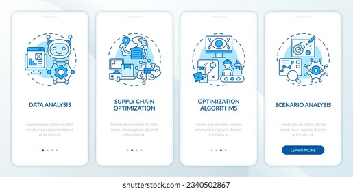 2D blue linear icons representing overproduction mobile app screen set. 4 steps graphic instructions, UI, UX, GUI template.