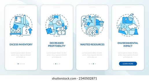 2D blue linear icons representing overproduction mobile app screen set. 4 steps graphic instructions, UI, UX, GUI template.