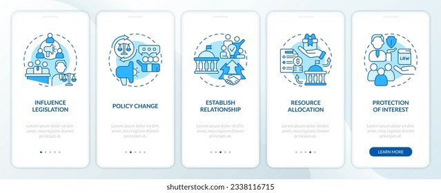 2D blue thin line icons representing lobbying government mobile app screen set. 5 steps graphic instructions, UI, UX, GUI template.