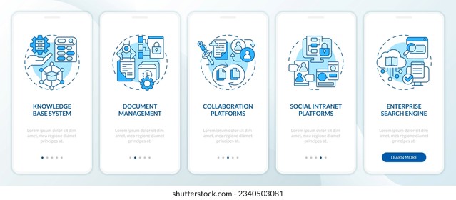 2D blue thin line icons representing knowledge management mobile app screen set. 5 steps graphic instructions, UI, UX, GUI template.