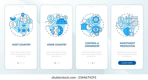 2D blue thin line icons representing foreign direct investment mobile app screen set. 4 steps editable graphic instructions, UI, UX, GUI template.