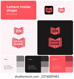 2D book shop logo with brand name. Red icon. Design element. Visual identity. Creative template with font. Suitable for book, literature, store, shopping, library.