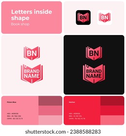 2D book shop logo with brand name. Red icon. Design element and visual identity. Template with font. Suitable for book, literature, store, shopping, library.