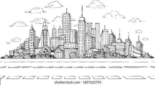 2D Building, Tower, Lanscape Sketch in White Background