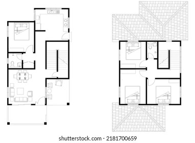 2D CAD 2 story house layout plan drawing with bedrooms complete with 2 bathrooms, balcony, furniture, kitchen, living room porch and furniture. Drawing produced in black and white. 