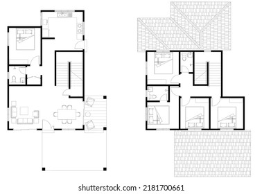 2D CAD 2 story house layout plan drawing with bedrooms complete with 2 bathrooms, balcony, furniture, kitchen, living room porch and furniture. Drawing produced in black and white. 