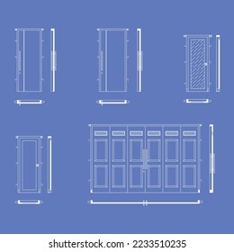 2D CAD Architekturzeichnung einer minimalistischen Tür in weiß und blau. Vektor EPS10.