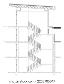2D CAD architectural drawing section the stairs that connect the 4 floors the building  The stairs have steel railings each side  This staircase has roof 