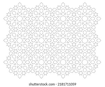 Dibujo CAD 2D de patrón geométrico islámico. Los patrones islámicos usan elementos de geometría que se repiten en sus diseños. El patrón se dibuja en blanco y negro. 