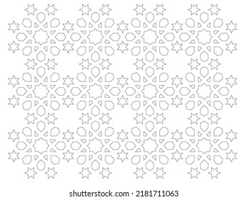 Dibujo CAD 2D de patrón geométrico islámico. Los patrones islámicos usan elementos de geometría que se repiten en sus diseños. El patrón se dibuja en blanco y negro. 