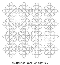 2D CAD drawing of Islamic geometric pattern. Islamic patterns use elements of geometry that are repeated in their designs. The pattern is drawn in black and white. 