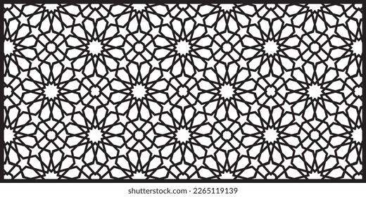 2D CAD Zeichnung des islamischen geometrischen Musters. Islamische Muster verwenden Elemente der Geometrie, die in ihren Entwürfen wiederholt werden. Das Muster ist in Schwarz-Weiß gezeichnet. 
