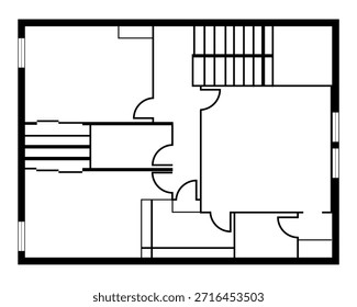 Uma planta 2D CAD de uma casa de dois andares com dois quartos, um banheiro, uma cozinha e uma sala de estar. O desenho é apresentado em preto e branco.