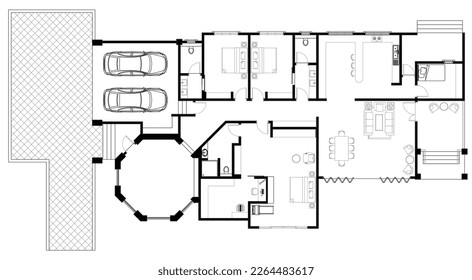2D CAD house layout plan drawing with 3 large bedrooms and 2 small bedroom complete with 2 bathrooms, balcony, furniture, kitchen, living room porch and furniture. Drawing produced in black and white.