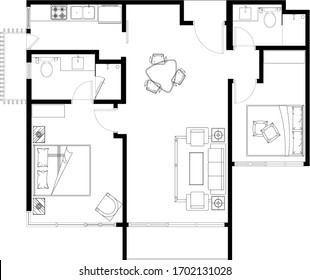 Plano 2D de diseño CAD de una casa con un dormitorio doble completo con dos baños, cocina y salón. Dibujo producido en blanco y negro. 