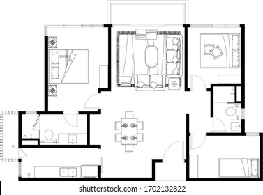 Plano 2D de diseño CAD de una casa con tres dormitorios completo con dos baños, cocina y salón. Dibujo producido en blanco y negro. 