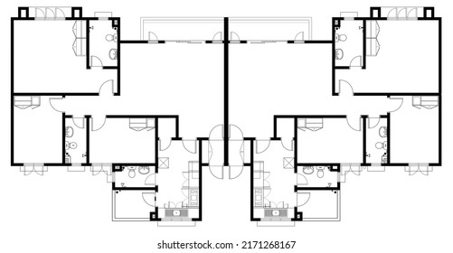 2D CAD layout plan drawing of a twin house with a three-bedroom complete with two bathrooms, kitchen, living room and other supported room. Drawing produced in black and white. 
