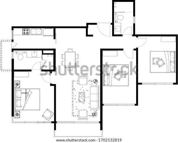 2D CAD layout plan drawing of a house\
with a three bedroom complete with two bathrooms, kitchen and\
living room. Drawing produced in black and white.\
