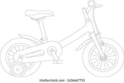 2D CAD Side Elevation Drawing Of Kid Bicycle Comes With Extra Wheels To Help Riders Maintain Balance. Drawings In Black And White.