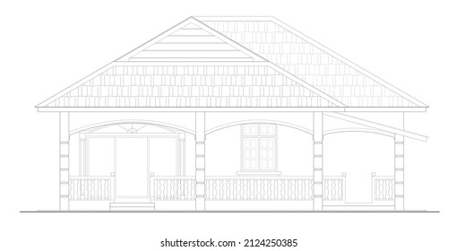 2D CAD single story house external elevation drawing complete with façade decoration, window and door.  Drawing produced in black and white. 