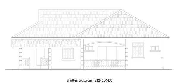 2D CAD single story house external elevation drawing complete with façade decoration, window and door.  Drawing produced in black and white. 