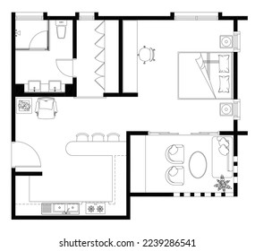 2D CAD studio type house layout plan drawing with 1 bedrooms and 1 bathrooms, furniture and kitchen. Small-scale houses for single people or small families. Drawing in black and white.
