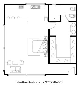 2D CAD studio type house layout plan drawing with 1 bedrooms and 1 bathrooms, furniture and kitchen. Small-scale houses for single people or small families. Drawing in black and white.
