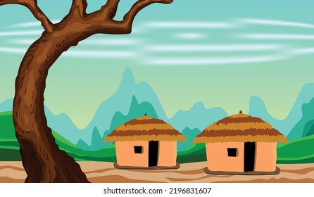 2D cartoon background village hut and hill vector illustration