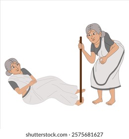 2d cartoon character old lady, Indian old lady, Grandparents with Stick.