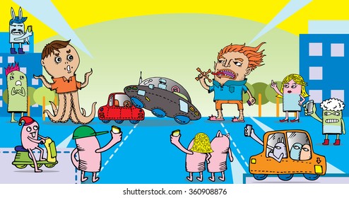 2d cartoon design of Aliens and monster in accident on the road