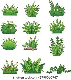 2D Cartoon Green Grass and Bush Plant Collection Vector Illustration Set