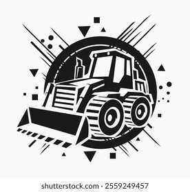 2D cartoon illustration of a bulldozer. Black and white silhouette of a bulldozer 