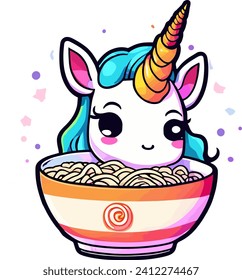 2D cartoon unicorn in a bowl of ramen noodles manufacturing using the trace method
