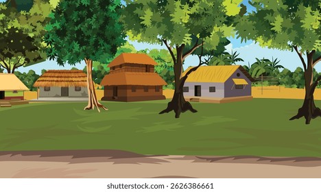 2d cartoon village scene with a hut and trees