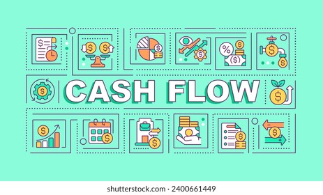 2D cash flow text with various thin line icons concept on green monochromatic background, editable vector illustration.