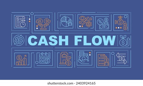 2D cash flow text with various creative thin linear icons concept on dark blue monochromatic background, editable vector illustration.