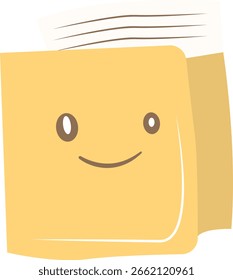 Carpeta amarilla alegre 2D con una cara sonriente. Lindo diseño de papelería para materiales escolares, gráficos para niños o marca de estilo kawaii.