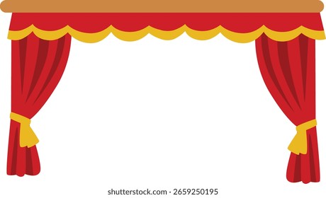 Cortinas de palco vermelho 2d clássico com guarnição amarela desenhada aberta, ilustrada em estilo vetorial, perfeito para teatro, desempenho ou conceitos dramáticos de cena.