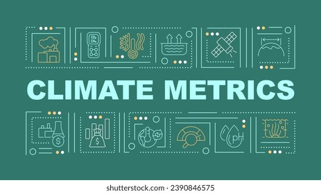 2D climate metrics text with various thin line icons concept on dark green monochromatic background, editable 2D vector illustration.