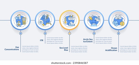 2D climate metrics vector infographics template with thin line icons, data visualization with 5 steps, multicolor process timeline chart.