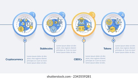 2D colorful digital currency vector infographics template, data visualization with 4 steps, process timeline chart.