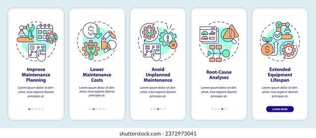 Iconos coloridos en 2D que representan el conjunto de pantalla de la aplicación móvil de mantenimiento predictivo. Recorrido 5 pasos instrucciones gráficas con el concepto de iconos de línea delgada, UI, UX, plantilla GUI.