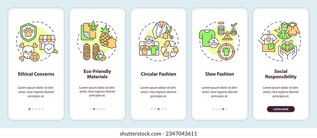 2D colorful linear icons representing sustainable office mobile app screen set. 5 steps graphic instructions, UI, UX, GUI template.