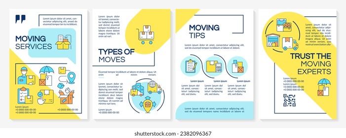 2D colorful moving service brochure template, leaflet design with thin linear icons, 4 vector layouts.