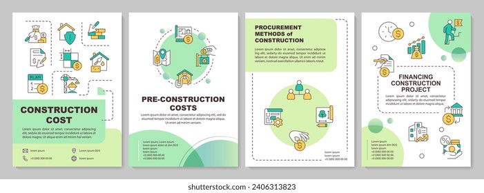 2D construction cost green gradient brochure template, leaflet design with simple thin linear icons, 4 vector layouts.