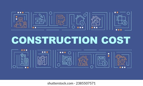 2D construction cost text with various thin line icons concept on dark blue monochromatic background, editable 2D vector illustration.
