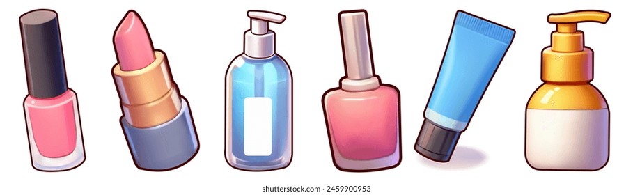 2d cosmetics set.Nail polish,lipstick, lip gloss, Blue Glass Pump Bottle , Tubes Bottle , Liquid Soap ,  Beauty Products vector