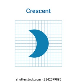 2D crescent shape in mathematics. Blue crescent shape drawing for kids isolated on white background