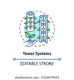 2D customizable tower systems icon representing vertical farming and hydroponics concept, isolated vector, thin line illustration.